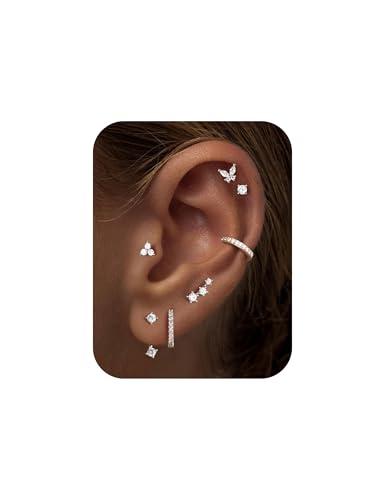 M MOOHAM Hypoallergenic Earring Jacket Stacks - 7 Pairs 14K Gold Plated Flat Back Earrings Dainty Huggie Hoop Cartilage Helix Earring Jacket, Fashion Accessories Western Jewelry Gifts - color: Silver