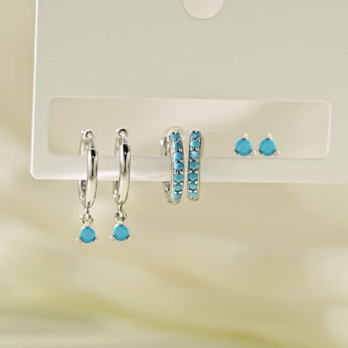 3 Pairs Mini Hoop Earrings Set Turquoise Cubic Zirconia Huggie Hoop Cartilage Earring Ear Cuff for Women (Turquoise/CZ) - color: *Turquoise-B