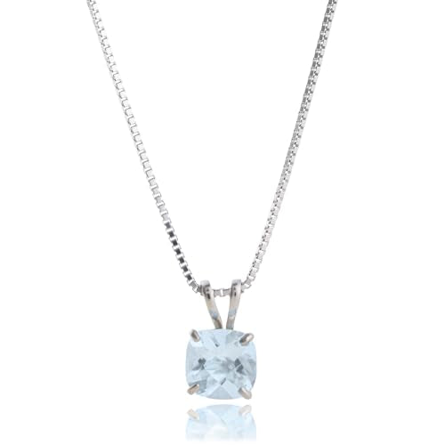 MAX + STONE 925 Sterling Silver Cushion Cut Birthstone Necklace for Women | 6mm Hypoallergenic Solitaire Necklace | Gemstone Pendant Necklaces with 18 inch Box Chain - color: Aquamarine
