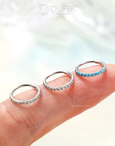 OUFER Turquoise CZ Opal Nose Rings for Women, 316L Surgical Steel 6MM Nose Rings Hoops, Silver Hinged Segment Septum Lip Eyebrow Cartilage Conch Rook Helix Tragus Daith Piercing Jewelry-6/7/8MM - color: Silver, Turqoise, Opal, CZ