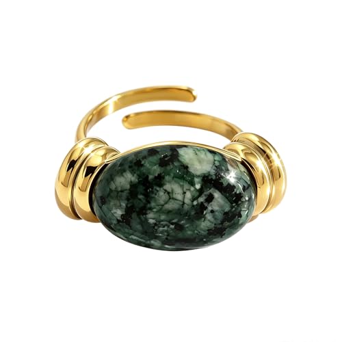 Natural Gemstone Statement Cocktail Ring for Women Oval Cabochon Stone Hypoallergenic Gold-Tone Plated Stainless Steel Band Wrap Finger Rings Comfirm Fit Boho Vintage Wedding Engagement Jewelry - color: Green