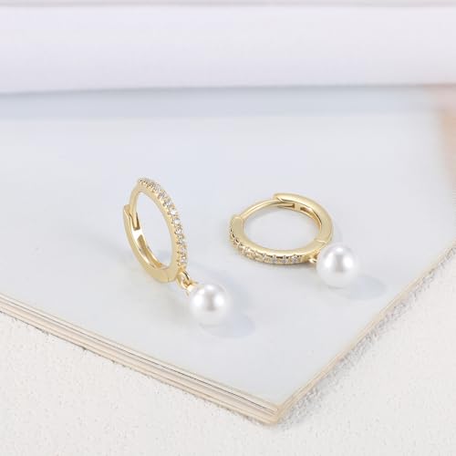 Solid 925 Sterling Silver Faux Pearl Dangle Hoop Earrings for Women, Dainty Drop Huggie Earrings with Charm Jewelry Gift for Her - color: Gold