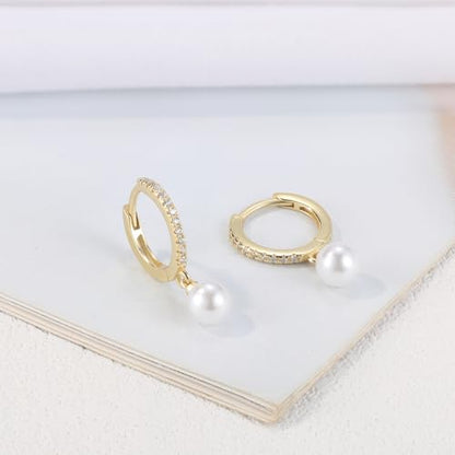 Solid 925 Sterling Silver Faux Pearl Dangle Hoop Earrings for Women, Dainty Drop Huggie Earrings with Charm Jewelry Gift for Her - color: Gold