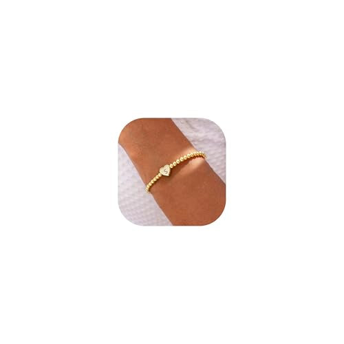 Beaded Bracelets for Women Dainty Beaded Heart Initial Bracelets Letter A-Z Charm Stretch Bead Ball Bracelet Trendy Jewelry Gifts - style: Gold-S