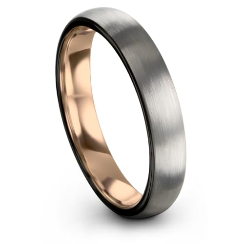 Tungsten Wedding Band Ring 10mm 8mm 6mm 4mm for Men Women 18k Rose Gold Plated Dome Black Grey Brushed Polished - color: 2 Rose Gold Black Grey Tungsten