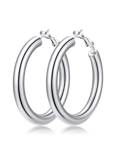 FaithHeart Silver/Black/Gold Stainless Steel Chunky Hoop Earrings for Women | Hypoallergenic Lightweight Hoop Earrings, Trendy Statement Thick Hoop, 20/30/40/50/60/70/80mm - color: Silver, size: 40mm