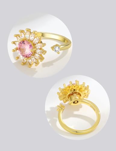 Anxiety Rings for Women – Adjustable Flower Spinner Ring, Daisy & Sunflower Fidget Ring, Gold Plated Calming Jewelry - style: Style 09 Set