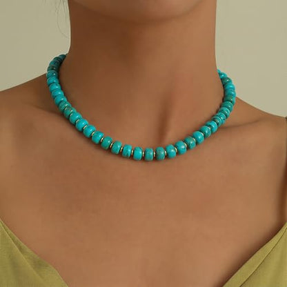 Chunky Beaded Necklace for Women, Colorful Boho Statement Necklace, Gold Chunky Resin Large Bead Necklace, Waterproof Summer Beach Jewelry Gifts for Women - color: Turquoise