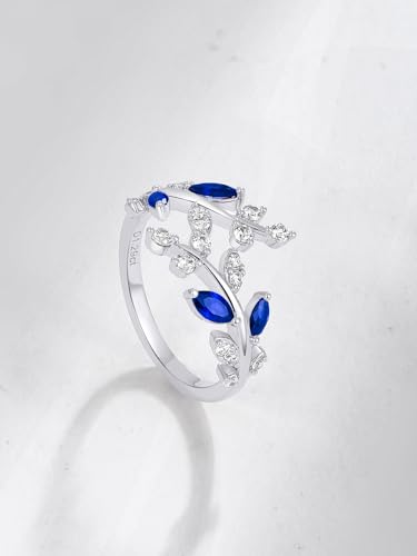 Silver Leaf Ring for Women 925 Sterling Silver Yellow Gold Plated CZ Inlaid Marquise Sapphire/Ruby/Emerald Cocktail Rings Size 6 to 10 - color: Sapphire - Silver