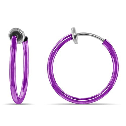 Clip On Spring Hoop Earrings for Non-Pierced Ears - color: Purple, size: 17mm