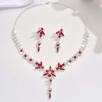Wedding Jewelry Sets for Brides Rhinestone Necklace and Earring Set Bracelet Ring Gold Silver Prom Jewelry Sets Diamond Flower Teardrop Necklace for Women - color: Style5-Red