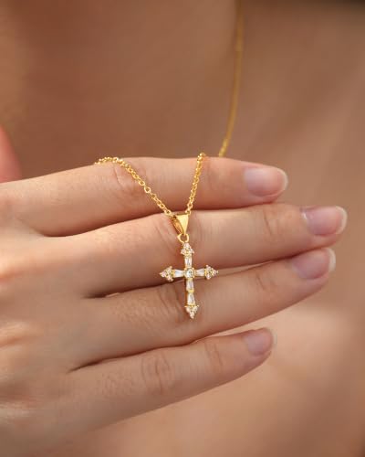 HGDEER God's Blessing Cross Necklace for Women Girls, Catholic Faith Gift | 14K Gold Plated, AAA+ Cubic Zirconia, No Rust No Fade, Gentle on Sensitive Skin, 18+2 in Adjustable Chain for Women Girls