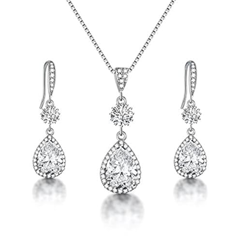 Elegant Jewelry Set for Women Silver Teardrop CZ Drop Earrings and Necklace | Square Teardrop Cubic Zirconia Rhinestone Jewelry Sets Bridal Jewelry Sets for Wedding Bride Bridesmaids Mother of Bride - style: Angle Tears