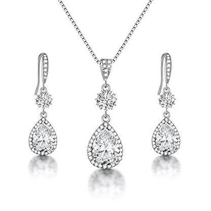 Elegant Jewelry Set for Women Silver Teardrop CZ Drop Earrings and Necklace | Square Teardrop Cubic Zirconia Rhinestone Jewelry Sets Bridal Jewelry Sets for Wedding Bride Bridesmaids Mother of Bride - style: Angle Tears