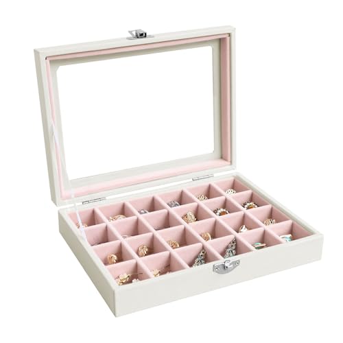 Wudygirl 24 Grid Earring Organizer Small Jewelry Box with Lid WhitePink | Ring Box with Adjustable Dividers, Velvet Lining, Ideal for Rings, Earrings, Jewelry Display, Gift Giving - style: White Pink 24 Grid