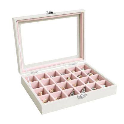 Wudygirl 24 Grid Earring Organizer Small Jewelry Box with Lid WhitePink | Ring Box with Adjustable Dividers, Velvet Lining, Ideal for Rings, Earrings, Jewelry Display, Gift Giving - style: White Pink 24 Grid