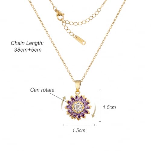 Sunflower Fidget Necklace for Women Gold Moon Necklace Rotating Heart Necklaces Spinning Crystal Flower Anxiety Necklaces Crescent Moons Jewelry Accessories - color: Gold Purple