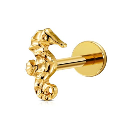 FINE4U 1PC 16G ASTM F136 Titanium Octopuses Piercings Jewelry with 6mm 8mm Post for Conch Helix Flat Labret 16G 6mm 8mm - color: Seahorses- Gold