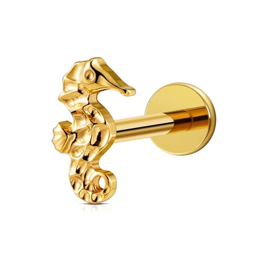 FINE4U 1PC 16G ASTM F136 Titanium Octopuses Piercings Jewelry with 6mm 8mm Post for Conch Helix Flat Labret 16G 6mm 8mm - color: Seahorses- Gold