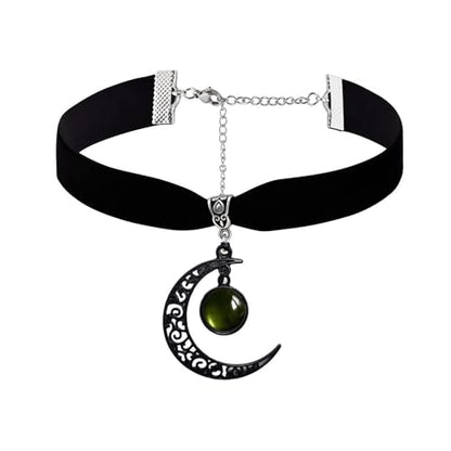 Gothic Black Velvet Goth Choker Necklace for Women,Cameo Black Choker Crow Skull Pendant Necklace Vintage Collar Skull Necklace Gothic Jewelry - style: Green moon