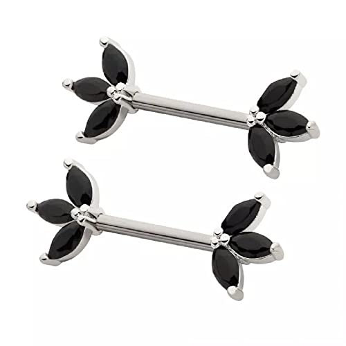 Pierced Owl 14GA 316L Stainless Steel Triple CZ Crystal Marquise Ends Nipple Barbells, Sold as a Pair - style: Silver Tone/Black