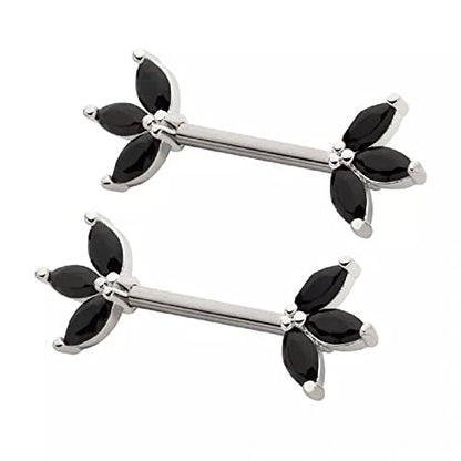 Pierced Owl 14GA 316L Stainless Steel Triple CZ Crystal Marquise Ends Nipple Barbells, Sold as a Pair - style: Silver Tone/Black
