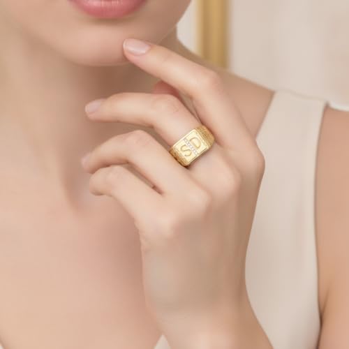 LONAGO Custom Double Initial Signet Ring, Personalized Letter Gold Ring 10K 14K 18K, Lab-Grown Diamond Statement Jewelry, Customizable Engraved Band for Women Birthday Anniversary