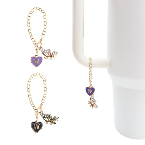 Rhinestones Letter Pendant for Stanley Cup,2PCS Initial Name ID Personalized Handle Charm for Water Bottle Tumbler Stanley Cup,Heart Shape & Four Leaf Clover Identification Charms Chain - color: black and purple, size: Purple butterfly-W