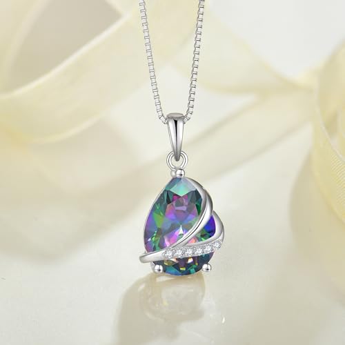 Birthstone Pendant Necklace 925 Sterling Silver Teardrop Jewelry for Women - color: Multi Iridescent