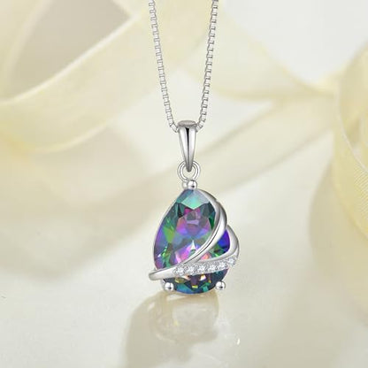 Birthstone Pendant Necklace 925 Sterling Silver Teardrop Jewelry for Women - color: Multi Iridescent