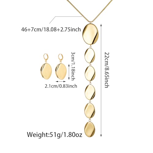 Statement Necklace and Earrings Set – 2PCS Gold Silver Chunky Geometric Pendant Jewelry with Snake Chain, Asymmetrical Ellipse Y-Necklace Metallic Fashion Jewelry for Women - color: A:Gold