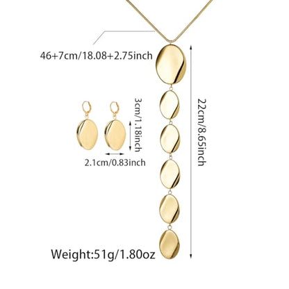 Statement Necklace and Earrings Set – 2PCS Gold Silver Chunky Geometric Pendant Jewelry with Snake Chain, Asymmetrical Ellipse Y-Necklace Metallic Fashion Jewelry for Women - color: A:Gold