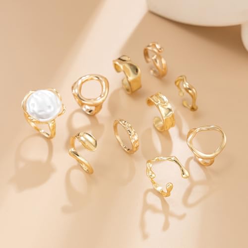 CSIYANJRY99 Gold Silver Rings Set for Women Trendy Irregular Chunky Gold Ring Baroque Pearl Rings Stackable Statement Knuckle Ring Jewelry - color: E-Gold