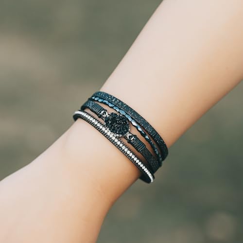 Boho Chunky Leather Wrap Bracelets Stackable Beaded Western Country Jewelry | Crystal Bead Trendy Layered Cuff Magnetic Clasp Stack Bohemian Statement Costume Outfits Cowgirl Fashion Hippie Accessories - color: Black, size: 7.7"