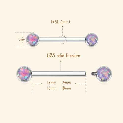 AROWRO Nipple Piercing Jewelry Nipple Rings Titanium Nipple Rings Implant Grade Hypoallergenic 14G Internally Threaded Straight Barbells with Cubic Zirconia Opal Gold Silver Rose Gold Black 12mm 14mm 16mm 18mm 20mm - color: Silver+Purple Opal
