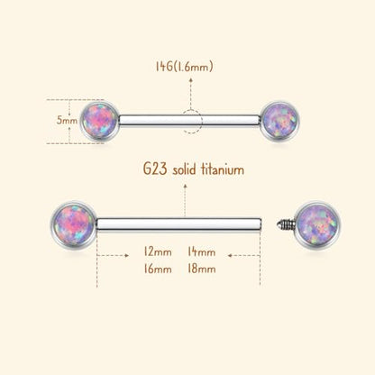 AROWRO Nipple Piercing Jewelry Nipple Rings Titanium Nipple Rings Implant Grade Hypoallergenic 14G Internally Threaded Straight Barbells with Cubic Zirconia Opal Gold Silver Rose Gold Black 12mm 14mm 16mm 18mm 20mm - color: Silver+Purple Opal