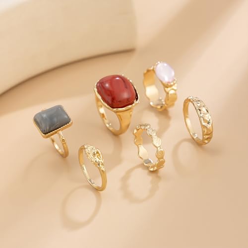 Statement Colorful Crystal Chunky Gold Hammered Dome Knuckle Rings Stackable for Women, Retro Thick Resin Ring Stacking Prom Party Jewelry Accessories - color: Red