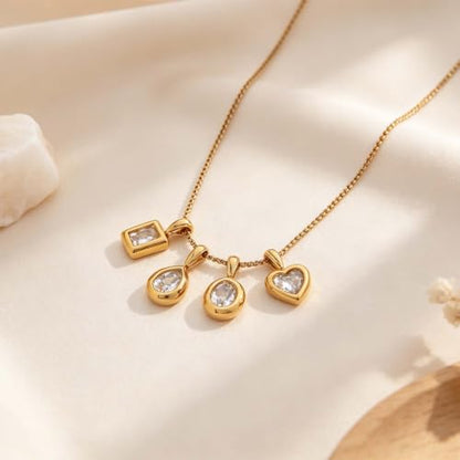 Interchangeable Removable CZ Charms Necklace, Gold Silver Stainless Steel Adjustable Box and Rice Bead Chain Minimalist Custom DIY Pendant Jewelry Gifts - color: Gold-A