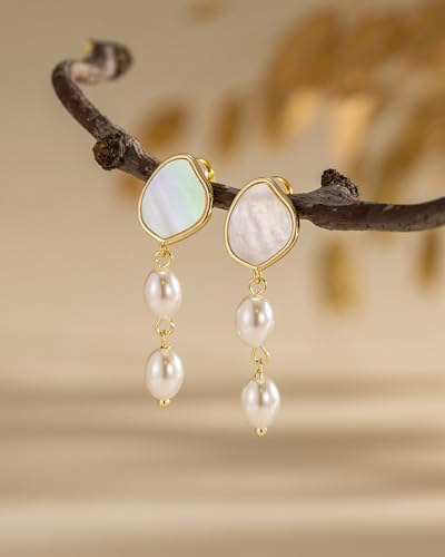 Pearl Earrings - 14K Gold/White Gold/Rose Gold Plated Cubic Zirconia CZ Diaomond Accented Pearl Drop Dangle Earrings for Women Wedding Bridal Prom - color: Gold Mother of Pearl