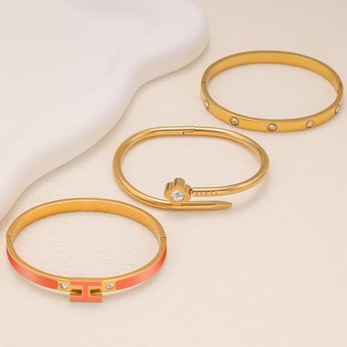 3Pcs Gold Bracelets for Women 14K Gold Plated Love/H/Nail Bangle Bracelet Dainty Non Tarnish Bracelet Jewelry Christmas Mothers Day Gifts for Women - color: 3Pcs Gold/Orange H bracelet