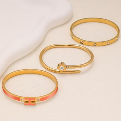 3Pcs Gold Bracelets for Women 14K Gold Plated Love/H/Nail Bangle Bracelet Dainty Non Tarnish Bracelet Jewelry Christmas Mothers Day Gifts for Women - color: 3Pcs Gold/Orange H bracelet