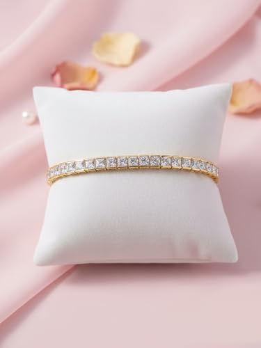 5A Cubic Zirconia Tennis Bracelet for Women, Rhodium/Yellow Gold Plated Hypoallergenic, Birthday Wedding Anniversary Jewelry - color: Princess Cut - Yellow Gold