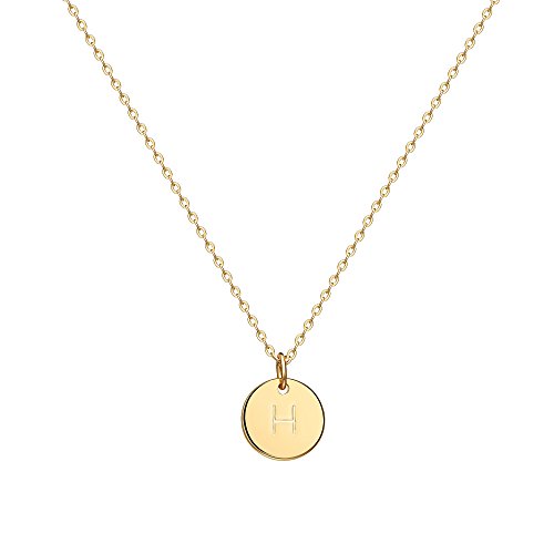 Valloey Rover Initial Necklaces for Women 14K Gold Plated Dainty Letter Necklce Round Coin Disc Pendant Double Side Engraved A-Z Necklace Personalized Jewelry Gift for Women - color: H