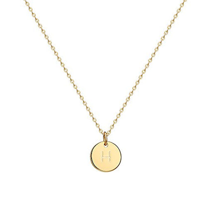 Valloey Rover Initial Necklaces for Women 14K Gold Plated Dainty Letter Necklce Round Coin Disc Pendant Double Side Engraved A-Z Necklace Personalized Jewelry Gift for Women - color: H
