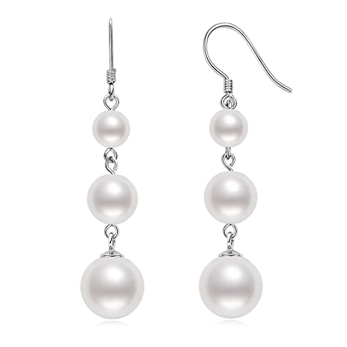 925 Sterling Silver Pearl Drop Earrings for Women, June Birthstone Long Dangle Pearl Jewelry Gifts for Her - color: 6-10mm Silver
