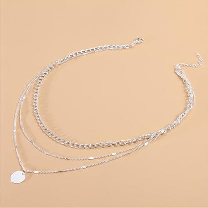 3Pcs Gold Circle Pendant Necklace Set Dainty Layered Stacked Pearls Chain Choker Necklace Trendy Birthday Jewelry Accessory Gift for Women - color: Silver Coin