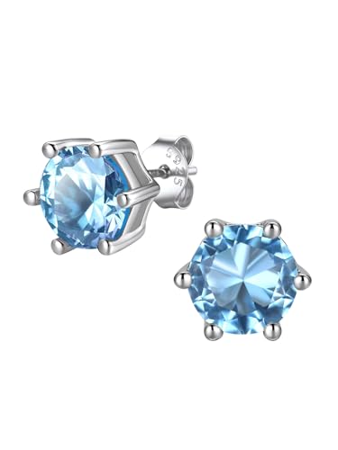 FindChic 2 Carat Birthstone Stud Earrings for Women, Round/Heart/Princess Cut Stud Earrings, Hypoallergenic Studs with 925 Sterling Silver Posts, 12 Months Birthday Jewelry Gift - color: 03. March-Aquamarine(Round Cut )