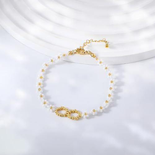 Dainty Gold Plated Pearl Crystal Beaded Bracelets Set for Women 14K Gold Plated Bead Pearl Beads Bracelet Stackable Paperclip Link Chain Bracelets Gold Plated Bracelets for Women Trendy Jewelry - color: Style3-daisy bracelet-1