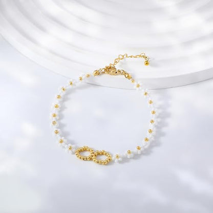 Dainty Gold Plated Pearl Crystal Beaded Bracelets Set for Women 14K Gold Plated Bead Pearl Beads Bracelet Stackable Paperclip Link Chain Bracelets Gold Plated Bracelets for Women Trendy Jewelry - color: Style3-daisy bracelet-1