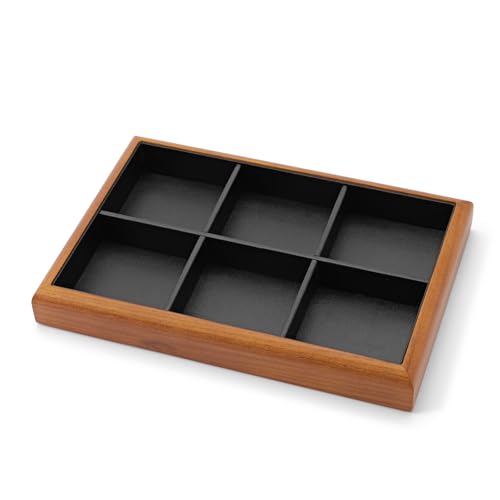 Oirlv Black Wood Jewelry Tray 6-Compartment | Black Solid Wood Frame, Soft Leather Lining, 9.84X17X1.18in, Holds Rings/Earrings/Bracelets, Sturdy and Attractive - color: Black, size: 6 grid